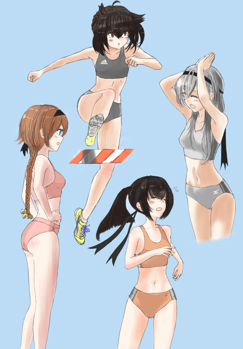 4girls ahoge akizuki_(kancolle) black_eyes black_hair blue_background braid breasts buruma closed_eyes clothes_writing cowboy_shot flat_chest grey_eyes hachimaki hair_flaps hair_ornament hatsuzuki_(kancolle) headband highres jumping kamui_(kanno_wagon) kantai_collection light_brown_hair long_hair midriff multiple_girls navel one_side_up ponytail propeller_hair_ornament running short_hair silver_hair simple_background small_breasts sports_bikini stretch suzutsuki_(kancolle) teruzuki_(kancolle) track_and_field twin_braids