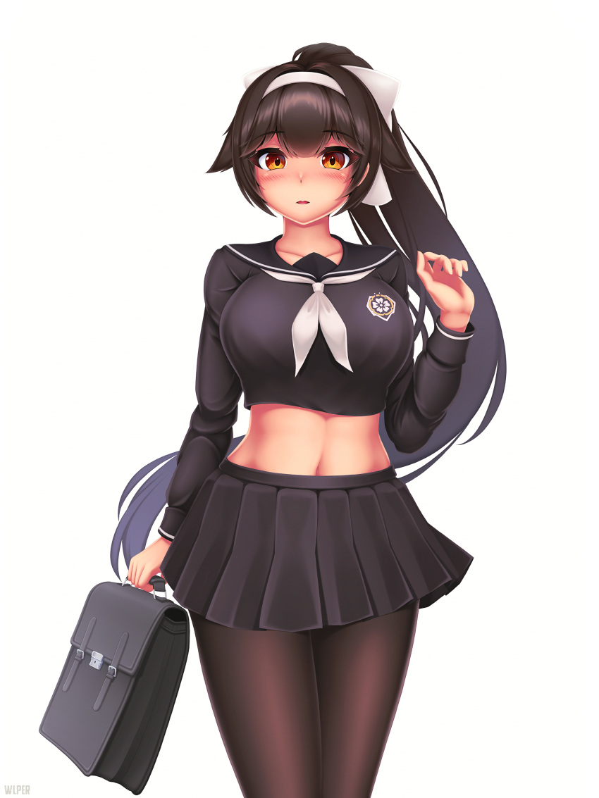 1girl absurdres artist_name azur_lane bag bangs black_footwear black_hair black_legwear black_serafuku blush breasts brown_eyes collarbone commentary cowboy_shot crop_top eyebrows_visible_through_hair hair_between_eyes hair_flaps hair_ribbon hairband highres holding holding_bag huge_filesize large_breasts long_hair long_sleeves looking_at_viewer midriff navel pantyhose parted_lips pleated_skirt ponytail ribbon school_bag school_uniform serafuku simple_background skirt solo takao_(azur_lane) very_long_hair white_background white_hairband white_ribbon wlper