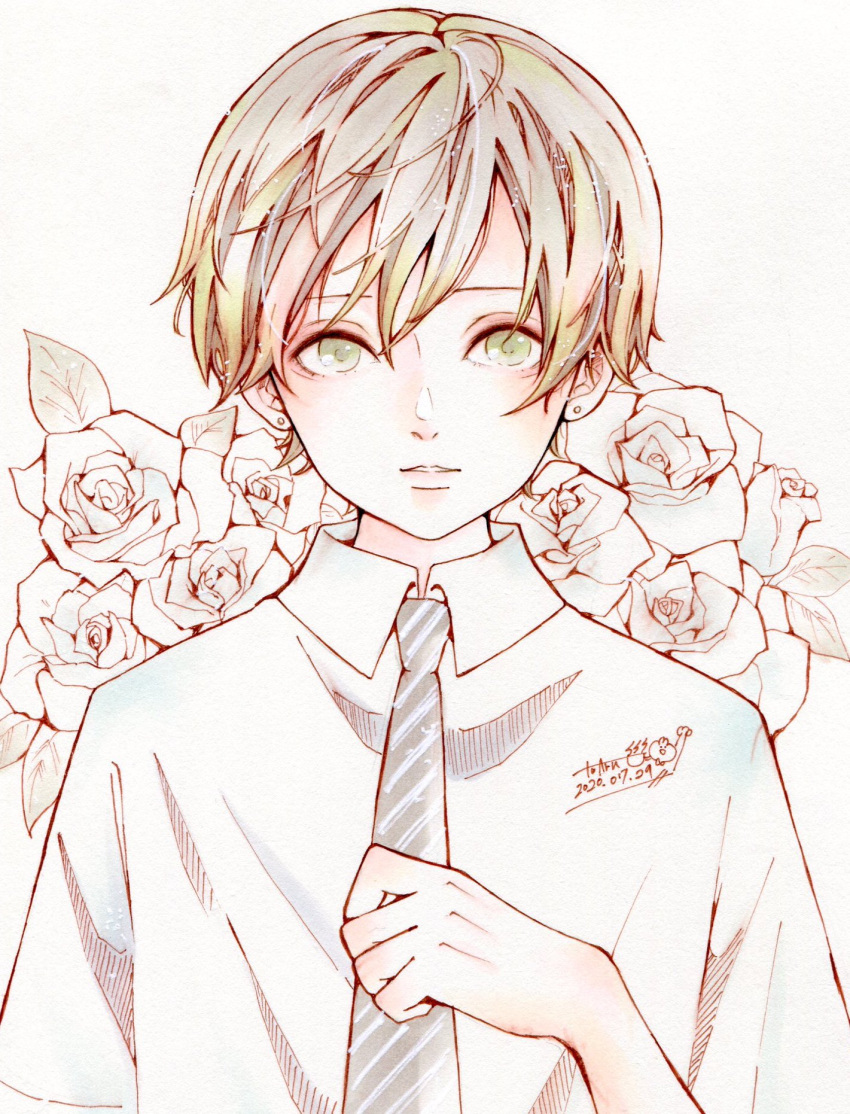 1boy brown_hair collared_shirt dated earrings flower green_eyes grey_neckwear hand_up highres jewelry leaf necktie original rose shirt short_hair short_sleeves signature simple_background solo striped striped_neckwear toaruocha white_background white_flower white_rose white_shirt