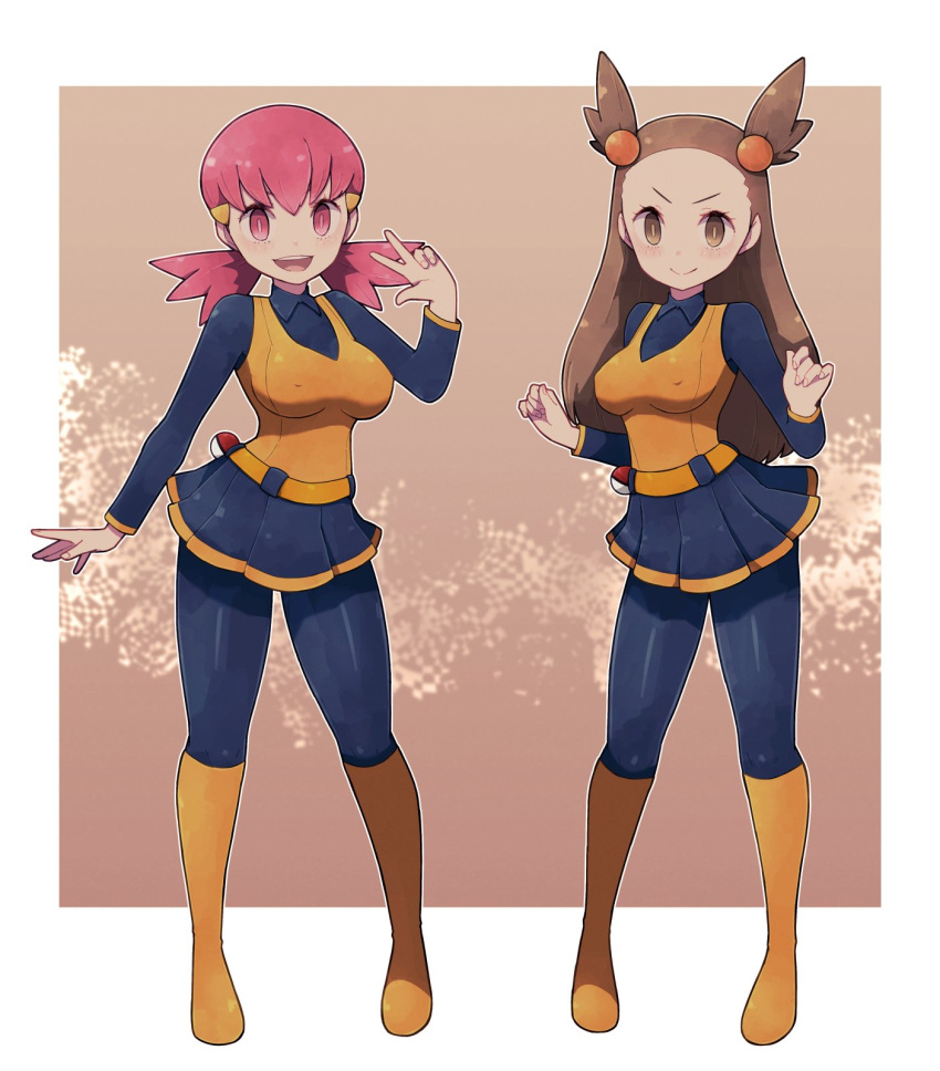 2girls ace_trainer_(pokemon) ace_trainer_(pokemon)_(cosplay) boots breasts brown_eyes cosplay covered_nipples eyebrows_behind_hair gym_leader hair_bobbles hair_ornament hairclip highres jasmine_(pokemon) knee_boots lamb-oic029 light_brown_eyes light_brown_hair long_hair long_sleeves medium_breasts multiple_girls outside_border pink_eyes pink_hair poke_ball pokemon pokemon_(game) pokemon_bw pokemon_hgss shiny shiny_clothes shiny_hair shoes smile thigh-highs twintails v-shaped_eyebrows whitney_(pokemon) wing_collar yellow_footwear
