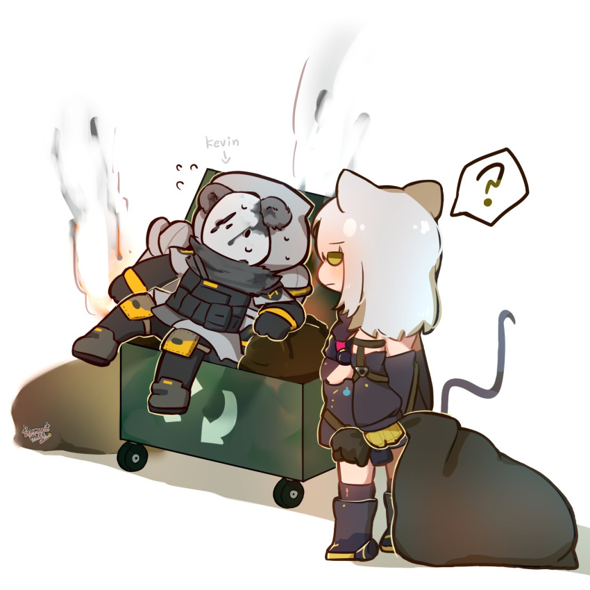 1boy 1girl ? animal_ears annoyed arknights arrow_(symbol) bear_boy bear_ears character_name highres jetpack kevin_(arknights) mascotmask mouse_ears mouse_girl mouse_tail recycle_bin recycling_symbol reunion_soldier_(arknights) scavenger_(arknights) speech_bubble tail trash_bag trash_can