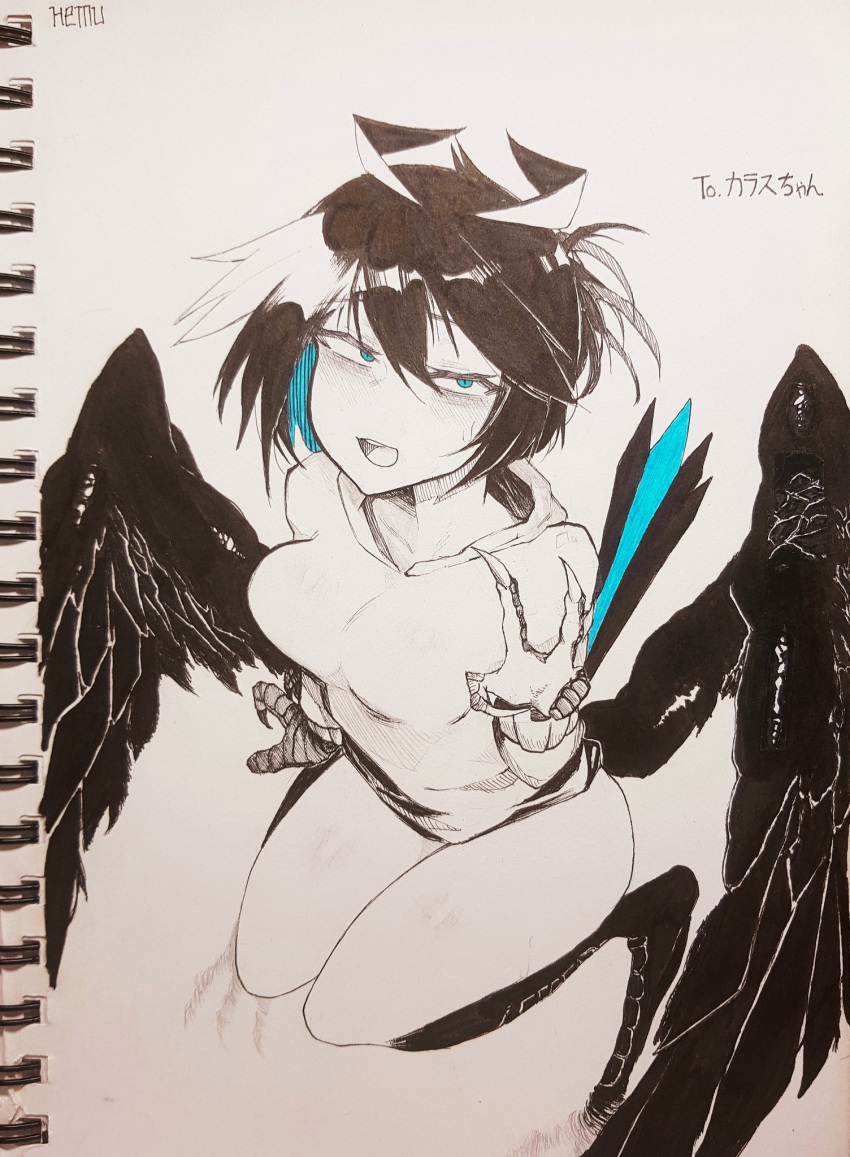 1girl artist_name bird_legs black_feathers black_hair black_wings blue_eyes blush borrowed_character breasts claws commentary crow-chan_(karasu_raven) feathered_wings feathers hair_up harpy hemuling highres hood hoodie medium_breasts messy_hair monster_girl open_mouth original photo_(medium) short_hair solo spot_color sweatdrop symbol_commentary tail traditional_media v wings