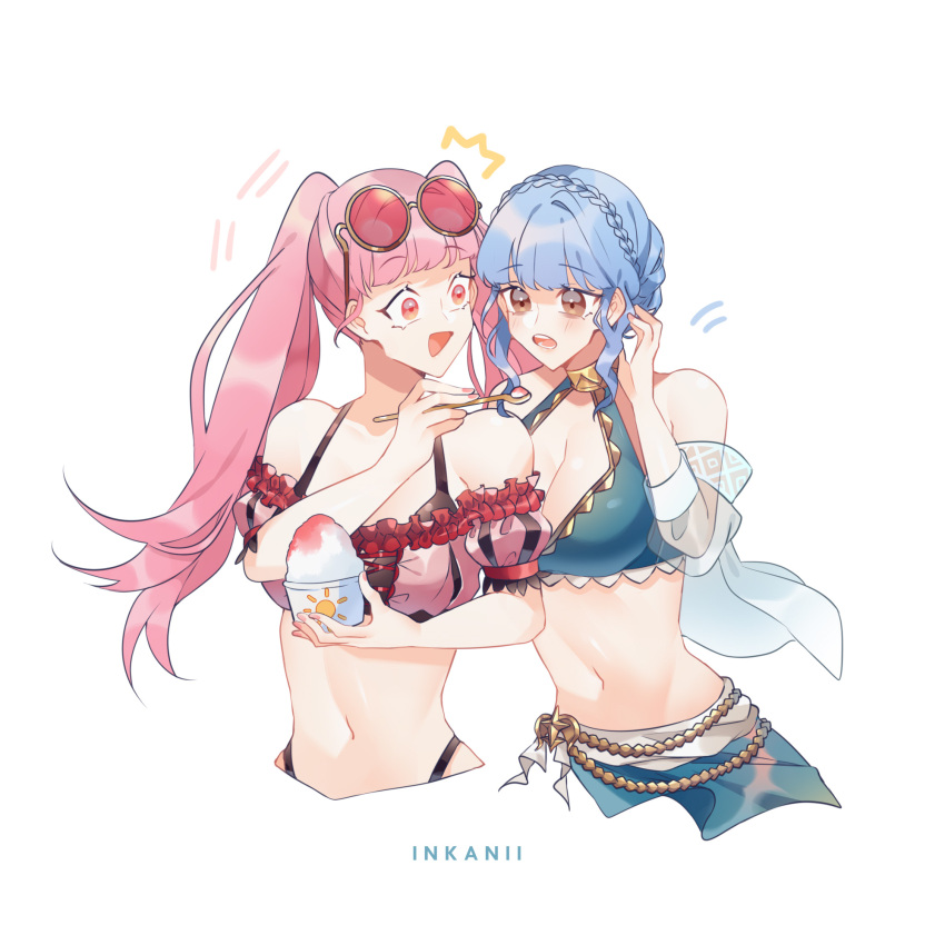 2girls :d artist_name bangs bare_shoulders bikini blue_bikini blue_hair breasts brown_eyes commentary cropped_torso eyebrows_visible_through_hair eyewear_on_head fire_emblem fire_emblem:_three_houses fire_emblem_heroes food hand_up highres hilda_valentine_goneril holding holding_food inkanii long_hair looking_at_another marianne_von_edmund medium_breasts multiple_girls nail_polish navel off-shoulder_bikini off_shoulder open_mouth pink_bikini pink_eyes pink_hair pink_nails puffy_sleeves see-through shaved_ice short_hair simple_background smile stomach sunglasses swimsuit twintails upper_body white_background