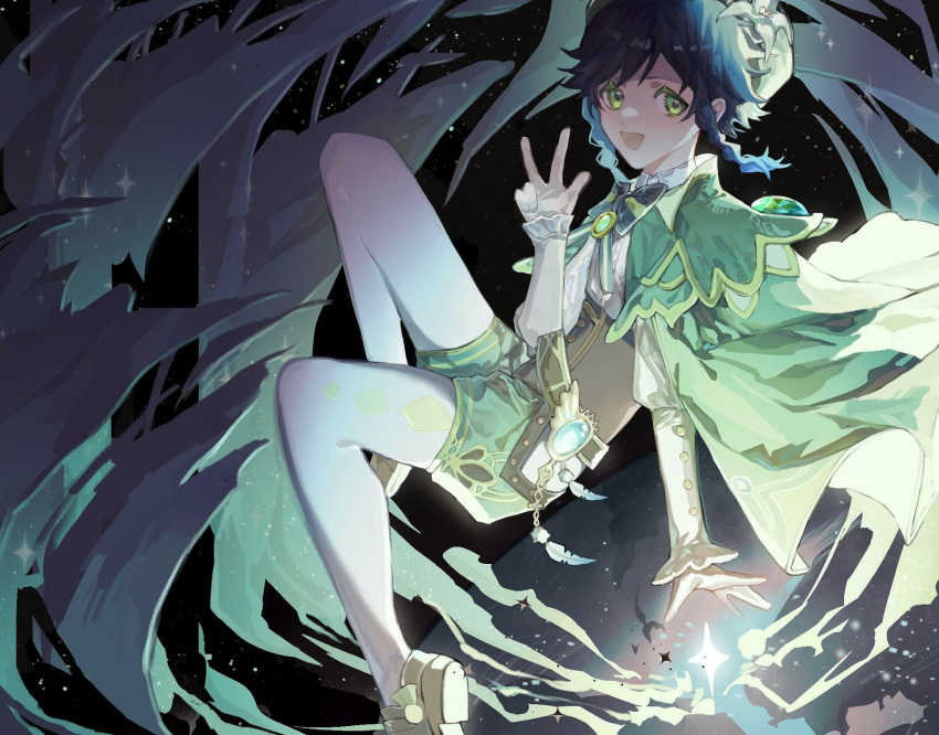 1boy bangs black_hair blue_hair bow braid cape flower genshin_impact green_cape green_eyes green_shorts hat hat_flower highres long_sleeves looking_at_viewer male_focus multicolored_hair open_mouth persimmon_(lsxh3) shorts solo sparkle twin_braids venti_(genshin_impact) vision_(genshin_impact) w