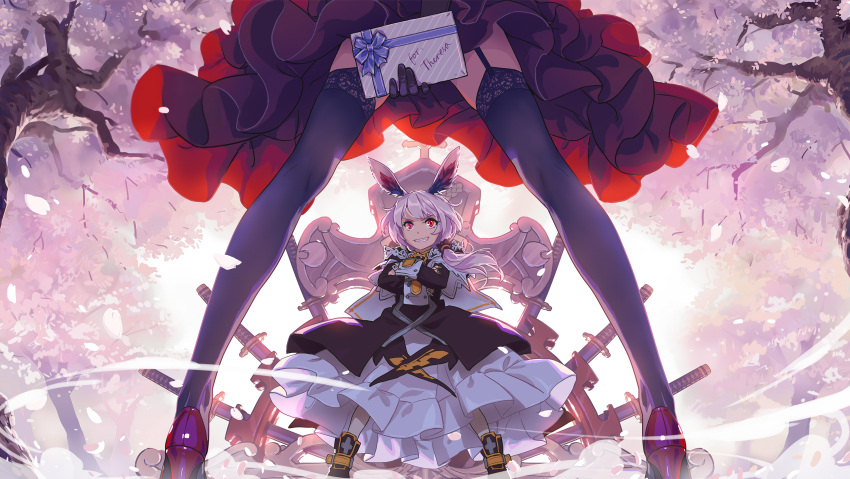 2girls alternate_costume animal_ears bangs benghuai_xueyuan black_legwear cherry_blossoms cross_(weapon) crossed_arms dual_persona evil_grin evil_smile flower fox_ears full_body grin hair_between_eyes highres holding honkai_(series) honkai_impact_3rd katana letter long_sleeves looking_at_another multiple_girls nun official_art outdoors petals pink_eyes pink_hair red_footwear red_skirt side_ponytail skirt smile spread_legs standing sword teeth theresa_apocalypse theresa_apocalypse_(luna_kindred) theresa_apocalypse_(sakura_rondo) theresa_apocalypse_(valkyrie_pledge) thigh-highs tree tree_branch weapon