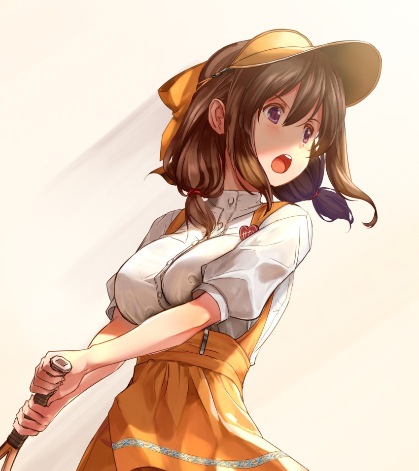 1girl anna_miller bangs brown_hair commentary dress_shirt employee_uniform frown hair_tie heart high-waist_skirt high_collar highres holding holding_racket kiryuu_takahisa looking_to_the_side low_twintails medium_hair open_mouth orange_headwear orange_skirt original racket shirt short_sleeves skirt solo suspender_skirt suspenders tennis tennis_racket twintails uniform violet_eyes visor_cap waitress white_shirt