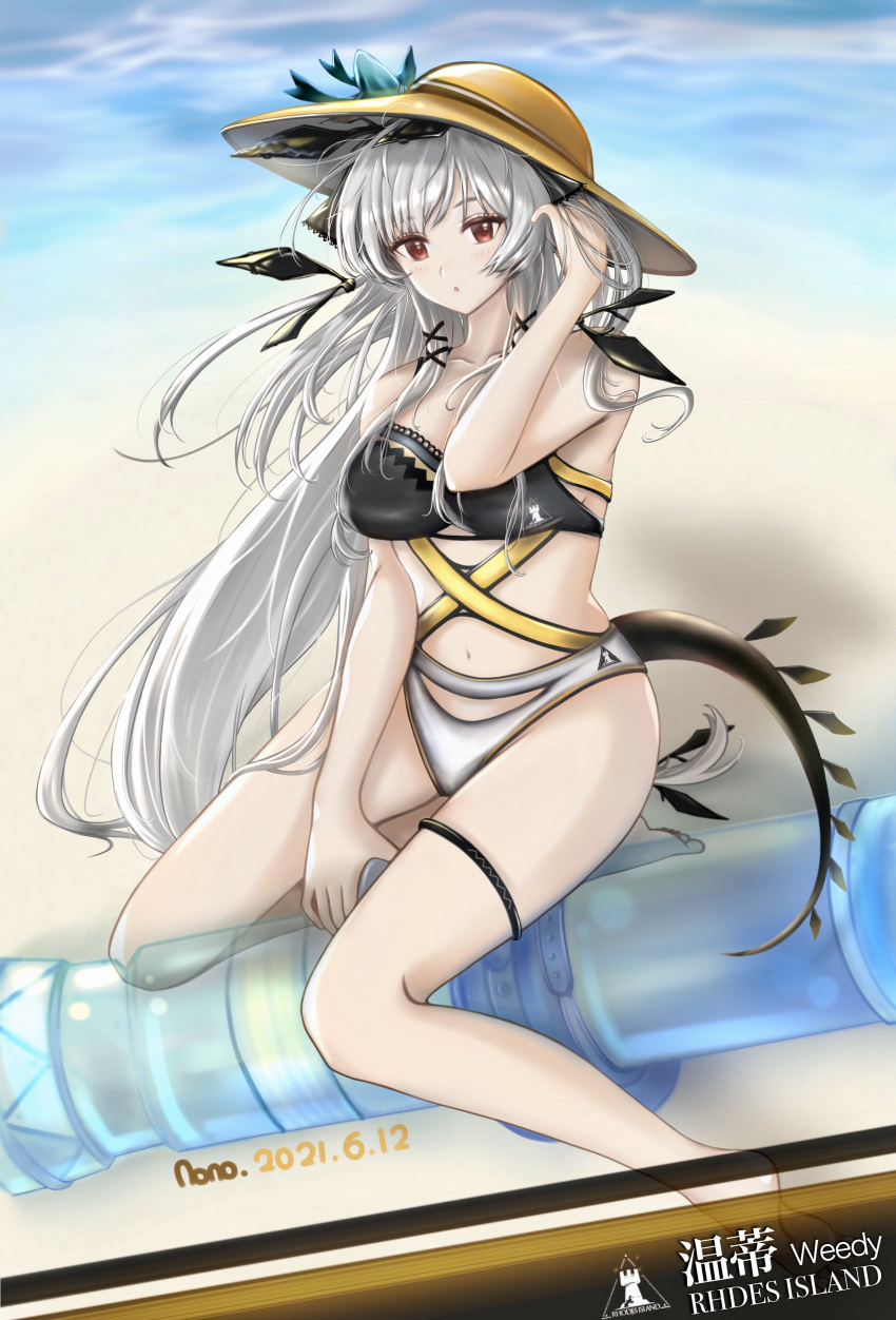 1girl :o absurdres ahrixnono arknights artist_name bare_arms bare_legs bare_shoulders barefoot beach bikini black_ribbon black_swimsuit breasts cannon character_name dated day hair_ribbon hand_in_hair hand_up highres long_hair low-tied_long_hair low_ponytail medium_breasts mixed-language_commentary ocean open_mouth red_eyes rhodes_island_logo ribbon sand silver_hair sitting sitting_on_object solo swimsuit tail typo very_long_hair weedy_(arknights) white_bikini