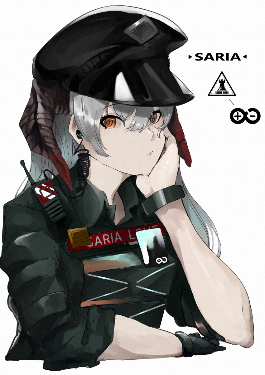 1girl absurdres arknights bangs black_gloves black_headwear black_jacket brown_eyes character_name commentary_request gloves hair_between_eyes hand_up hat highres jacket kajuu long_hair looking_at_viewer official_alternate_costume partial_commentary peaked_cap rhine_lab_logo rhodes_island_logo saria_(arknights) saria_(the_law)_(arknights) silver_hair simple_background single_glove solo upper_body white_background