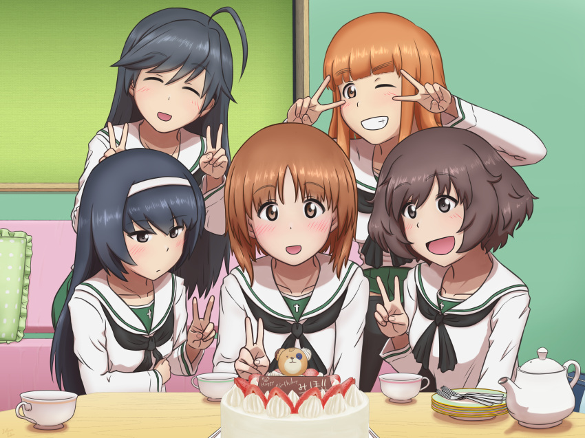 5girls ahoge akiyama_yukari bangs birthday_cake black_hair black_neckwear blouse blunt_bangs blush boko_(girls_und_panzer) brown_eyes brown_hair cake character_name closed_eyes closed_mouth commentary_request cup double_v english_text eyebrows_visible_through_hair food fork girls_und_panzer grin hairband happy_birthday head_tilt highres indoors isuzu_hana lettuce-labo light_frown long_hair long_sleeves looking_at_viewer messy_hair miniskirt multiple_girls neckerchief nishizumi_miho one_eye_closed ooarai_school_uniform open_mouth orange_eyes orange_hair pleated_skirt pose reizei_mako sailor_collar saucer school_uniform serafuku short_hair sitting skirt smile standing table takebe_saori teacup teapot thigh-highs v white_blouse white_hairband white_sailor_collar