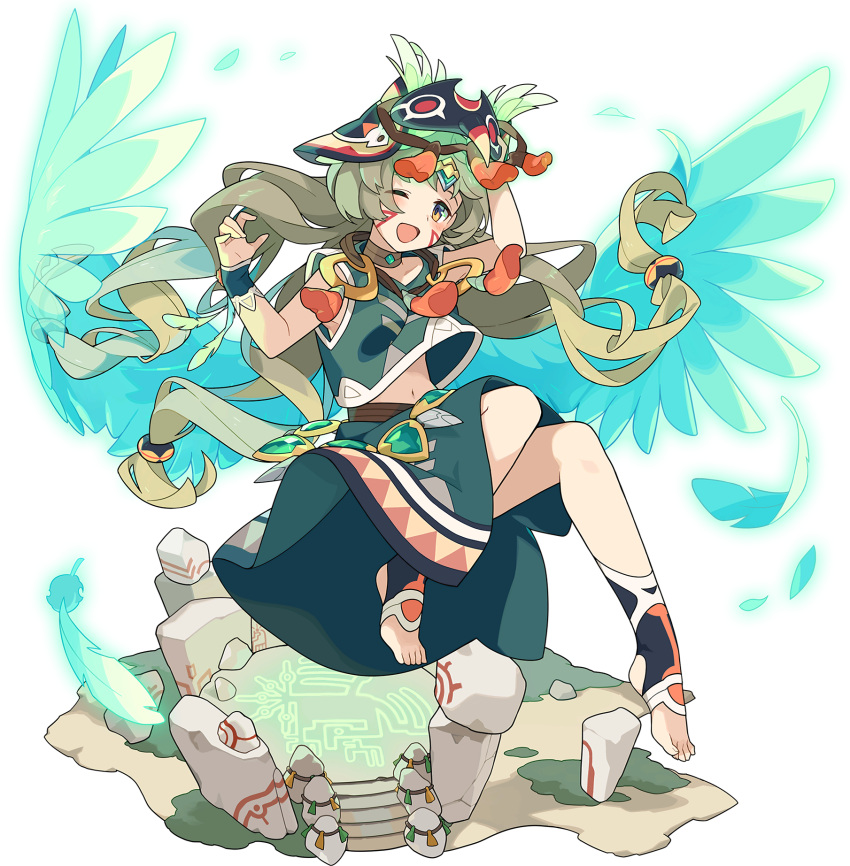 1girl aqua_shirt aqua_skirt aqua_wings arm_up artist_request bangs belt blush breasts brown_choker brown_hair choker collarbone crop_top crop_top_overhang day emerald_(gemstone) facepaint facial_mark feather_hair_ornament feathered_wings feathers feet floating full_body gem glowing hair_ornament hand_up happy highres holding holding_mask jewelry knees_together_feet_apart long_hair looking_at_viewer mask mask_on_head midriff moss multicolored multicolored_clothes multicolored_legwear navel necklace non-web_source official_art one_eye_closed open_mouth orange_eyes outdoors quad_tails rock runes shirt shiue_(world_flipper) side_slit sidelocks skirt sleeveless sleeveless_shirt small_breasts smile socks solo stirrup_legwear stomach tassel tied_hair toeless_legwear toeless_socks transparent transparent_background very_long_hair wings world_flipper wristband