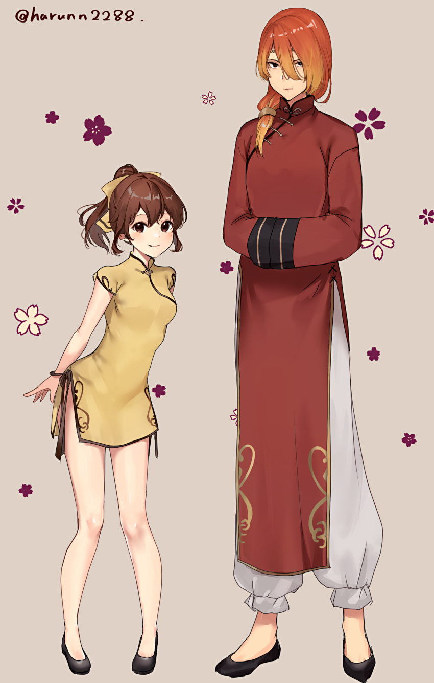 1boy 1girl bangs brother_and_sister brown_eyes brown_hair china_dress chinese_clothes closed_mouth delthea_(fire_emblem) dress fang fang_out fire_emblem fire_emblem_echoes:_shadows_of_valentia full_body hair_ribbon haru_(nakajou-28) highres long_hair long_sleeves looking_at_viewer luthier_(fire_emblem) orange_hair ponytail ribbon short_sleeves siblings