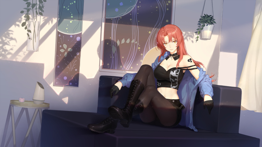 1girl bangs benghuai_xueyuan black_gloves black_shirt blue_jacket boots breasts casual closed_mouth couch crossed_legs curtains fashion full_body gloves heart highres honkai_(series) honkai_impact_3rd indoors jacket long_hair looking_at_viewer mole mole_on_breast murata_himeko navel official_art painting_(object) plant redhead shadow shirt sitting solo table tattoo thigh-highs vase yellow_eyes