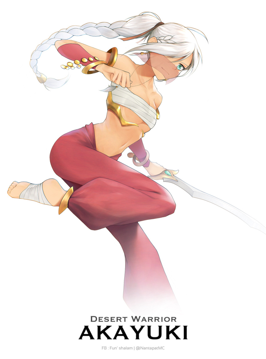 1girl absurdres alternate_costume aqua_eyes artist_name bandaged_foot bandages bracelet closed_mouth collar collarbone concept_art dark_skin flat_chest fun_shalam guardian_tales highres holding holding_sword holding_weapon jewelry leg_up long_hair looking_to_the_side navel pants ponytail red_pants sleeveless smile sword swordsman_akayuki weapon white_background
