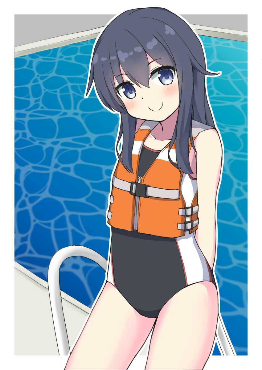 1girl akatsuki_(kancolle) blue_swimsuit blush cowboy_shot eyebrows_visible_through_hair hair_between_eyes highres kantai_collection life_vest long_hair looking_at_viewer messy_hair one-piece_swimsuit outdoors pepatiku pool poolside purple_hair solo swimsuit two-tone_swimsuit violet_eyes water white_swimsuit