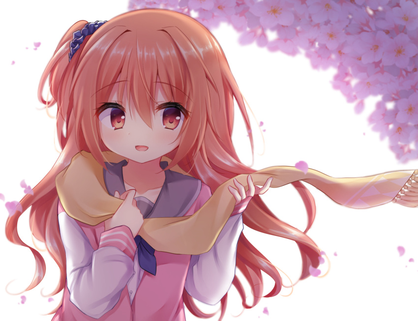 1girl blue_ribbon blue_scrunchie cherry_blossoms eyebrows eyebrows_visible_through_hair hair_between_eyes hand_on_own_chest inaba_meguru jacket korokoro_cat long_hair looking_at_viewer open_mouth orange_eyes orange_hair outdoors pink_jacket ribbon sanoba_witch scarf school_uniform scrunchie serafuku solo yellow_scarf yuzu-soft