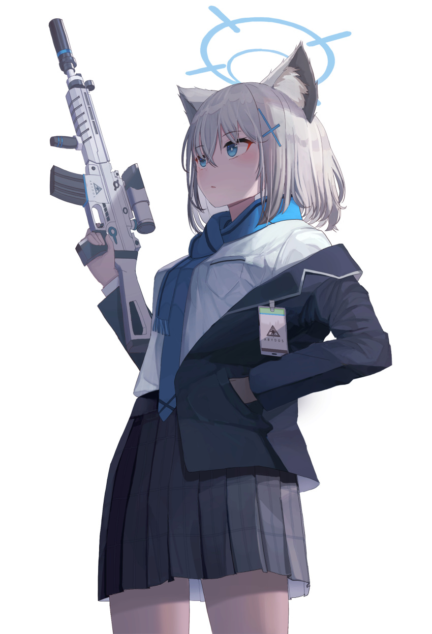 1girl absurdres animal_ears arm_up assault_rifle bangs blue_archive blue_eyes blue_scarf breasts cat_ears collar eyebrows_visible_through_hair eyes_visible_through_hair grey_collar grey_jacket grey_skirt grey_sleeves gun hair_between_eyes hand_in_pocket hand_up highres jacket long_sleeves medium_breasts open_clothes open_mouth rifle scarf shadow shiroko_(blue_archive) shirt short_hair sig_sauer_556 silver_hair simple_background skirt solo standing ttoowa weapon white_background white_shirt