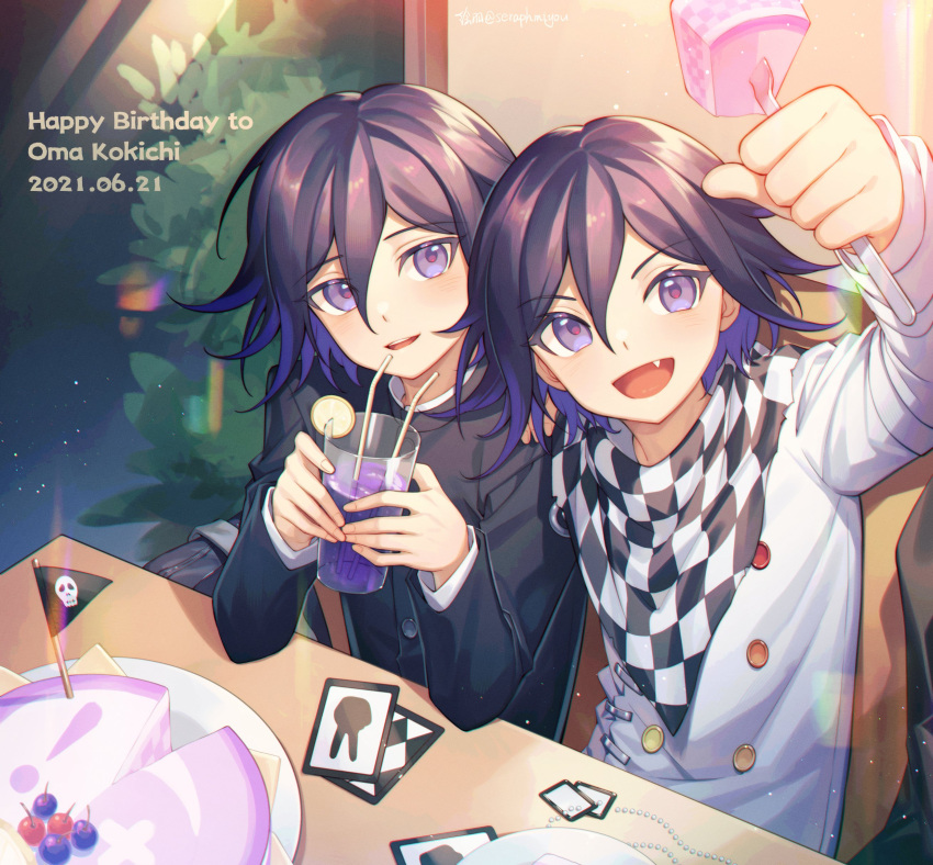 2boys :d absurdres arm_up bangs black_jacket buttons cake card checkered checkered_scarf clenched_hand commentary_request cup dangan_ronpa_(series) dangan_ronpa_v3:_killing_harmony dated double-breasted drinking_glass drinking_straw dual_persona ewa_(seraphhuiyu) fang food grey_jacket hair_between_eyes hands_up happy_birthday highres holding indoors jacket long_sleeves looking_at_viewer male_focus multiple_boys official_alternate_costume open_mouth ouma_kokichi parted_lips plant purple_hair scarf sitting skull_print smile soda teeth upper_teeth violet_eyes white_jacket