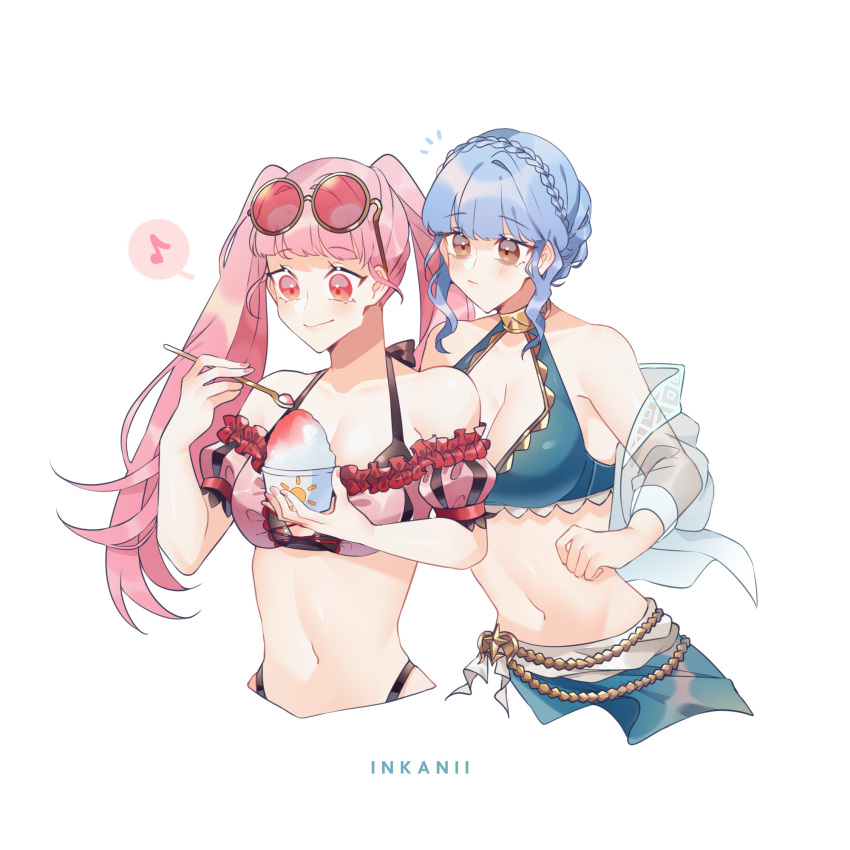2girls artist_name bangs bare_shoulders bikini blue_bikini blue_hair breasts brown_eyes commentary cropped_torso eyebrows_visible_through_hair eyewear_on_head fire_emblem fire_emblem:_three_houses fire_emblem_heroes food hand_up highres hilda_valentine_goneril holding holding_food inkanii long_hair marianne_von_edmund medium_breasts multiple_girls musical_note nail_polish navel off-shoulder_bikini off_shoulder pink_bikini pink_eyes pink_hair pink_nails puffy_sleeves see-through shaved_ice short_hair simple_background smile spoken_musical_note stomach sunglasses swimsuit twintails upper_body white_background