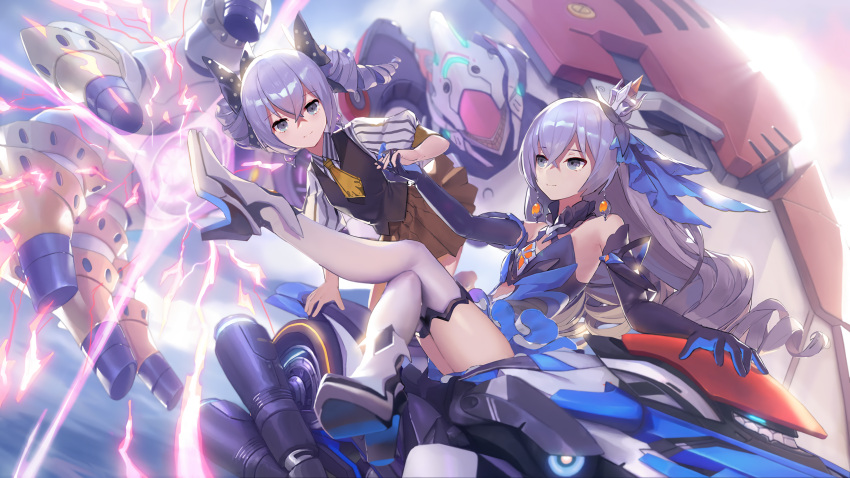 2girls bangs bare_shoulders benghuai_xueyuan black_gloves bronya_zaychik bronya_zaychik_(herrscher_of_reason) brown_skirt crossed_legs drill_hair dual_persona elbow_gloves electricity full_body gloves grey_eyes grey_hair ground_vehicle hair_between_eyes hair_ornament highres holding_hands honkai_(series) honkai_impact_3rd long_hair looking_at_another looking_at_viewer motor_vehicle motorcycle multiple_girls necktie official_art project_bunny school_uniform short_sleeves sitting skirt thigh-highs twin_drills white_footwear white_legwear