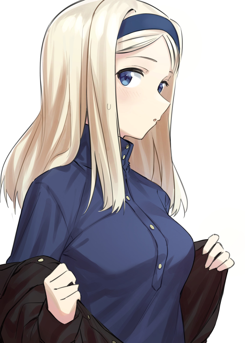 1girl absurdres aleksandra_i._pokryshkin black_jacket blonde_hair blue_eyes blue_shirt brave_witches fankupl fingernails highres jacket light_blush long_fingernails long_hair off_shoulder removing_jacket shirt solo sweatdrop upper_body white_background world_witches_series