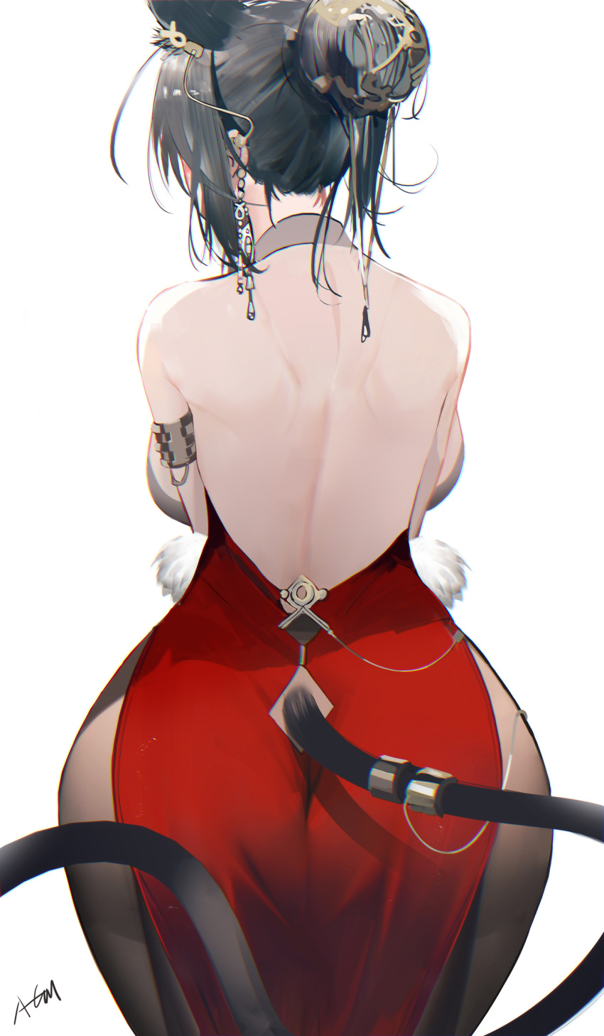 1girl alternate_costume animal_ears arknights ass back backboob backless_outfit bare_back bare_shoulders black_hair black_legwear breasts cat_ears cat_girl cat_tail clothing_cutout cowboy_shot dress ear_piercing hair_bun highres large_breasts leaning_forward omone_hokoma_agm pantyhose pelvic_curtain piercing red_dress schwarz_(arknights) short_hair signature simple_background solo tail tail_cutout tail_ornament white_background