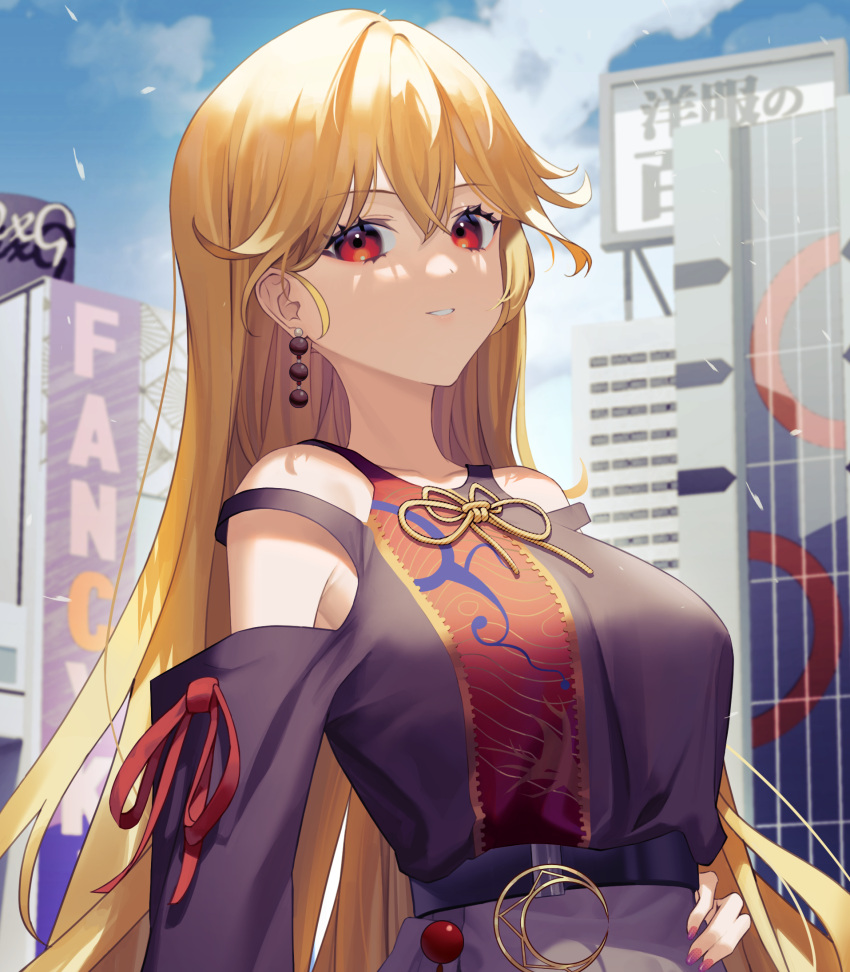 1girl adapted_costume bangs bare_shoulders belt black_dress blonde_hair breasts building city clothing_cutout crescent day dress earrings eyebrows_visible_through_hair hand_on_hip highres jewelry junko_(touhou) large_breasts long_hair looking_at_viewer nail_polish outdoors parted_lips pink_nails red_eyes red_ribbon ribbon shoulder_cutout smile solo straight_hair touhou upper_body very_long_hair yaye
