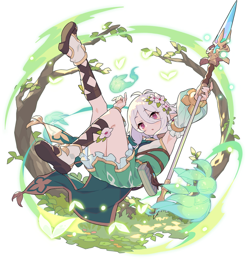 1girl antenna_hair armpits arms_up artist_request backlighting bangs blush branch breasts brooch brown_footwear bug butterfly crystal day detached_sleeves dress floating flower frilled_dress frills full_body grass green_dress hair_between_eyes hair_flower hair_ornament highres holding holding_spear holding_weapon insect jewelry knees_together_feet_apart kokkoro_(princess_connect!) leg_up light_blush light_particles looking_at_viewer moss non-web_source official_art open_mouth outdoors outstretched_arm pink_eyes pointy_ears polearm pouch princess_connect! sandals see-through short_dress short_hair sidelocks sleeveless sleeveless_dress small_breasts solo spear spirit transparent transparent_background weapon white_flower world_flipper