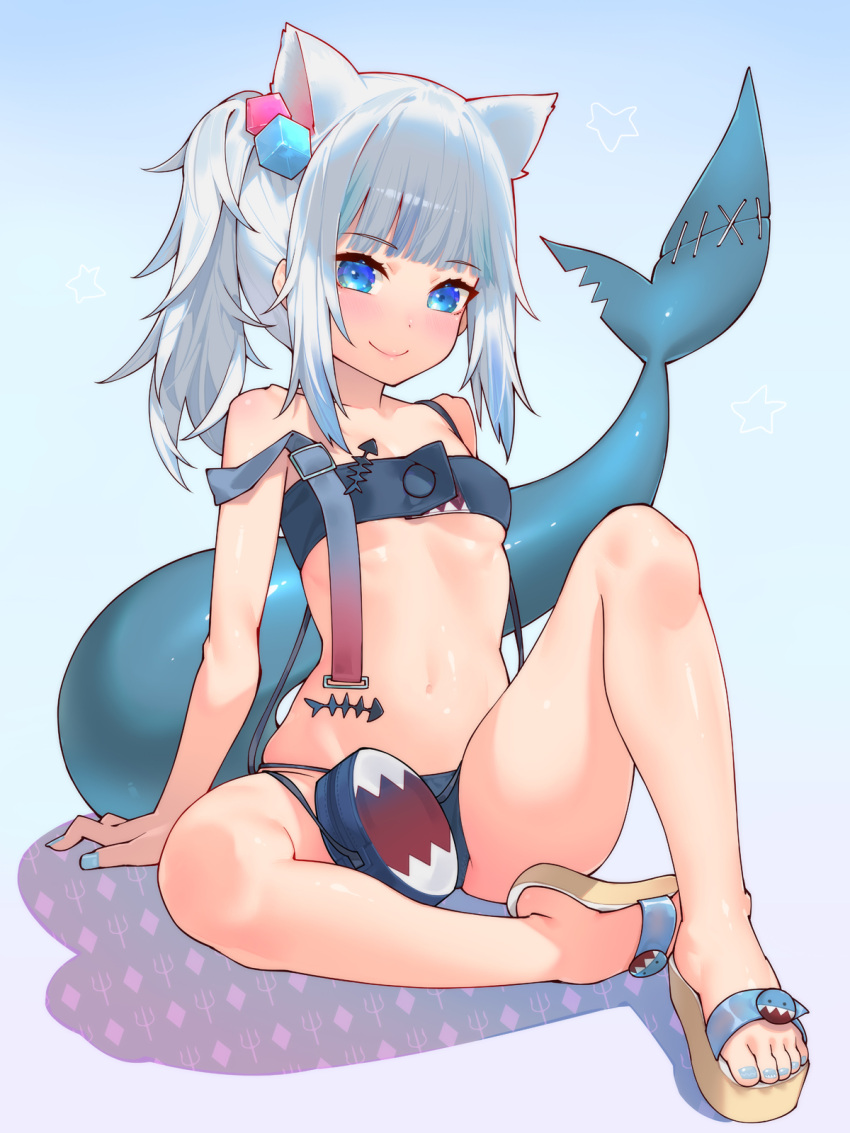 1girl adapted_costume animal_ears bikini blue_bikini blue_eyes blue_nails breasts cat_ears closed_mouth fish_tail gawr_gura highres hololive hololive_english nail_polish sandals shark_tail side_ponytail sitting small_breasts smile solo swimsuit tail toenail_polish virtual_youtuber waterring white_hair