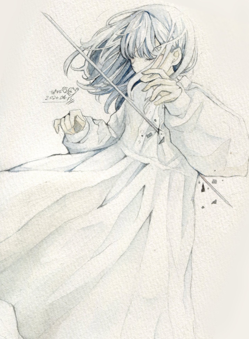 1girl bangs broken closed_eyes crack dated dress grey_hair hands_up highres impaled long_hair long_sleeves original puffy_long_sleeves puffy_sleeves signature solo toaruocha white_dress