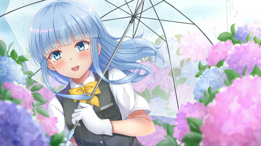 1girl blouse blue_eyes blue_hair bow bowtie flower gloves hatsukaze_(kancolle) hime_cut holding holding_umbrella hydrangea kantai_collection piyobomu rain short_sleeves sidelocks solo umbrella vest white_blouse white_gloves yellow_neckwear