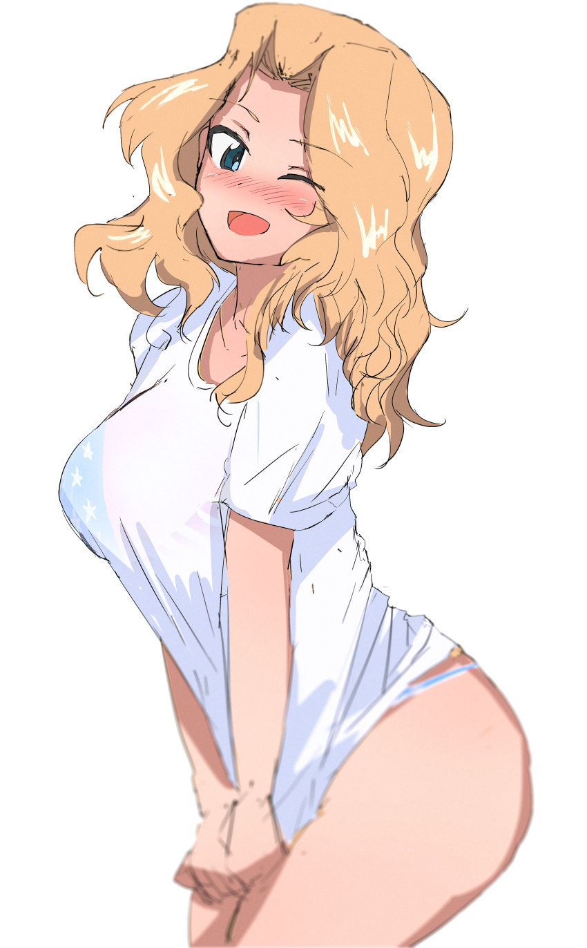 1girl absurdres american_flag_bikini bikini blonde_hair blue_eyes blush bra_through_clothes bralines flag_print girls_und_panzer hair_intakes highres huge_filesize kay_(girls_und_panzer) kyougi_sharyou long_hair one_eye_closed see-through shirt shirt_tug sketch solo swimsuit thighs wet wet_clothes wet_shirt white_background white_shirt