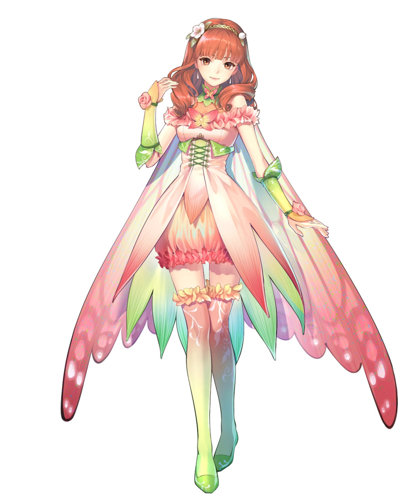 1girl alternate_costume bangs bare_shoulders bridal_gauntlets cape celica_(fire_emblem) detached_collar dress earrings fire_emblem fire_emblem_echoes:_shadows_of_valentia fire_emblem_heroes flower frilled_skirt frills full_body gradient gradient_clothes hair_ornament hairband hand_up highres jewelry kaekae lips long_hair looking_at_viewer official_art pink_dress red_eyes redhead shiny shiny_hair shoes skirt sleeveless smile standing thigh-highs transparent_background zettai_ryouiki