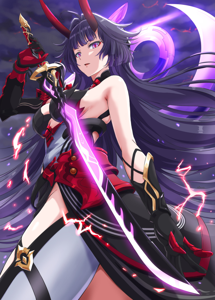 1girl bangs bare_shoulders black_hair blunt_bangs breasts electricity eyebrows_visible_through_hair from_below gloves hair_ornament highres holding holding_sword holding_weapon honkai_(series) honkai_impact_3rd horns large_breasts long_hair looking_at_viewer open_mouth ponnyu12 raiden_mei raiden_mei_(herrscher_of_thunder) sideboob solo sword very_long_hair violet_eyes weapon