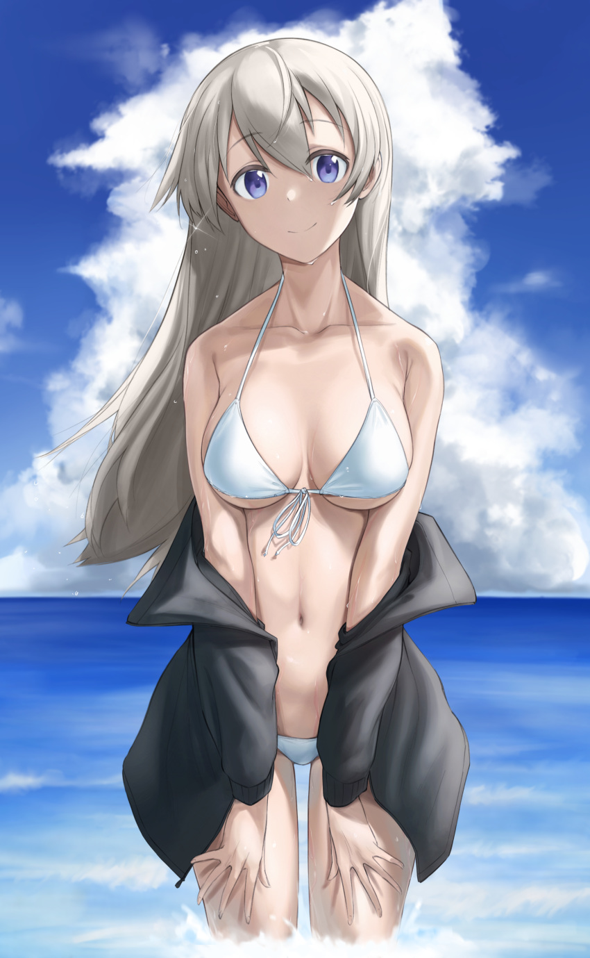 1girl absurdres bikini black_jacket blue_eyes blue_sky breasts clouds commission cowboy_shot day eila_ilmatar_juutilainen english_commentary fankupl front-tie_top hands_on_own_thighs highres horizon jacket long_hair looking_at_viewer medium_breasts navel ocean outdoors silver_hair sky solo standing strike_witches swimsuit white_bikini world_witches_series