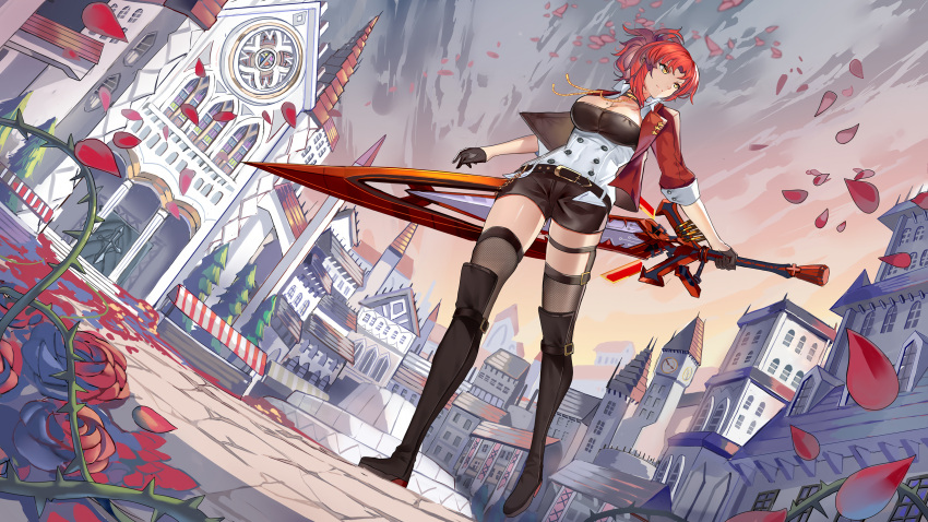 benghuai_xueyuan black_gloves boots breasts brown_shorts city cityscape clouds cloudy_sky flower fountain full_body gloves highres holding holding_sword holding_weapon honkai_(series) honkai_impact_3rd jacket long_sleeves looking_afar mole mole_on_breast murata_himeko murata_himeko_(battle_storm) official_art outdoors petals red_flower red_jacket redhead rose shorts sky sleeves_rolled_up sword twilight weapon yellow_eyes