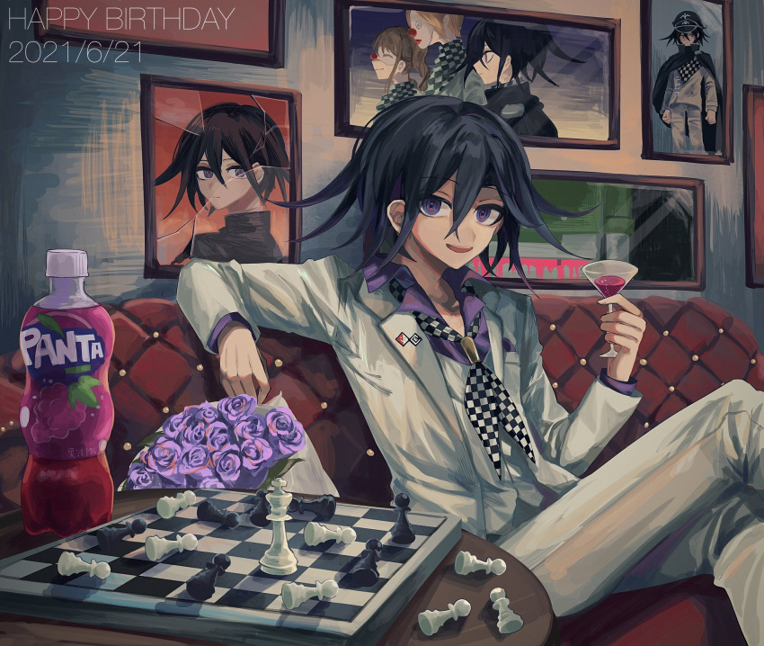 1boy :d bangs black_cape black_hair black_headwear cape checkered checkered_floor checkered_neckwear cocktail_glass collared_shirt commentary_request couch cup dangan_ronpa_(series) dangan_ronpa_10th_anniversary_costume dangan_ronpa_v3:_killing_harmony dice_members_(dangan_ronpa) drinking_glass eyebrows_visible_through_hair fanta flipped_hair flower grey_jacket grey_pants hair_between_eyes highres holding indoors jacket kozomezuki long_sleeves looking_at_viewer male_focus open_mouth ouma_kokichi pants purple_hair purple_shirt shirt sitting smile solo upper_teeth violet_eyes