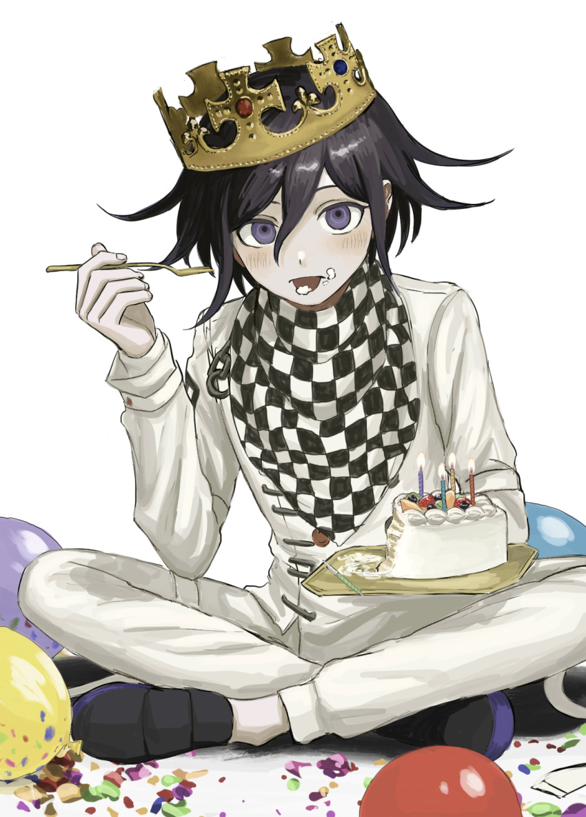 1boy balloon black_footwear black_hair cake candle checkered checkered_scarf crown dangan_ronpa_(series) dangan_ronpa_v3:_killing_harmony eating flipped_hair food food_on_face fork fruit grey_jacket grey_pants highres indian_style jacket long_sleeves looking_at_viewer male_focus open_mouth ouma_kokichi pants renshu_usodayo scarf short_hair simple_background sitting smile solo straitjacket tongue tongue_out violet_eyes white_background