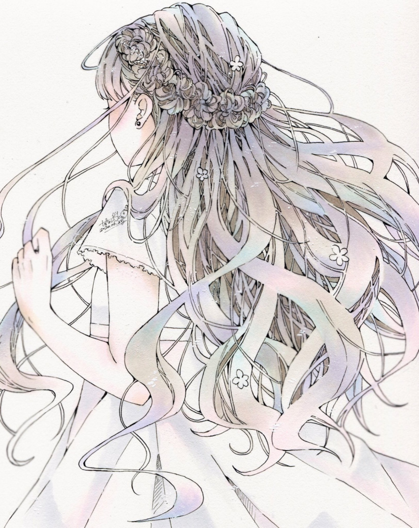 1girl bangs blush dress earrings facing_away flower from_behind grey_hair hair_flower hair_ornament hand_up highres jewelry long_hair original short_sleeves simple_background solo toaruocha upper_body white_background white_dress