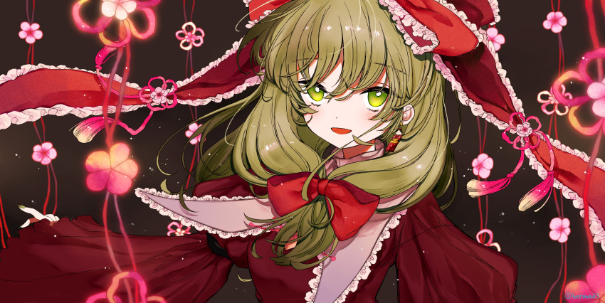 1girl absurdres bangs blush bow dress frilled_dress frilled_ribbon frilled_shirt_collar frills front_ponytail green_eyes green_hair hair_bow hair_ribbon highres kagiyama_hina long_hair long_sleeves looking_at_viewer open_mouth red_dress red_ribbon ribbon ryuuta_(akatukiryoka) smile solo touhou upper_body