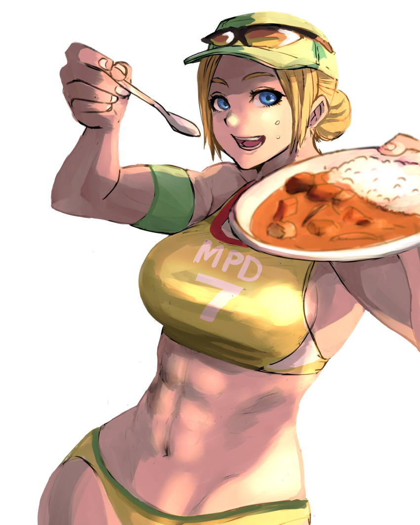 1girl 6maker abs armband baseball_cap blonde_hair blue_eyes breasts curry curry_rice eyewear_on_head fingernails food food_on_face hair_bun hat highres large_breasts looking_at_viewer lucia_morgan muscular muscular_female navel official_alternate_costume open_mouth parted_hair rice short_hair sidelighting solo street_fighter street_fighter_v sunglasses swimsuit tankini updo white_background yellow_swimsuit