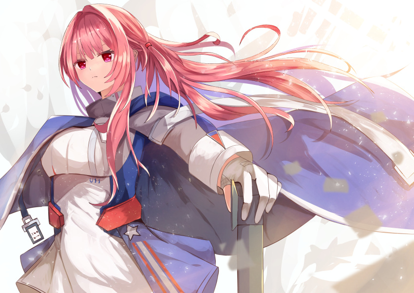 1girl absurdres azur_lane bangs blue_cloak breasts cloak closed_mouth commentary cowboy_shot dress eyebrows_behind_hair floating_hair gloves hair_between_eyes hair_intakes hane_(feathe02) highres holding holding_staff large_breasts long_hair long_sleeves looking_at_viewer partially_fingerless_gloves pink_eyes pink_hair princeton_(azur_lane) ribbon sidelocks solo staff standing white_background white_dress white_gloves