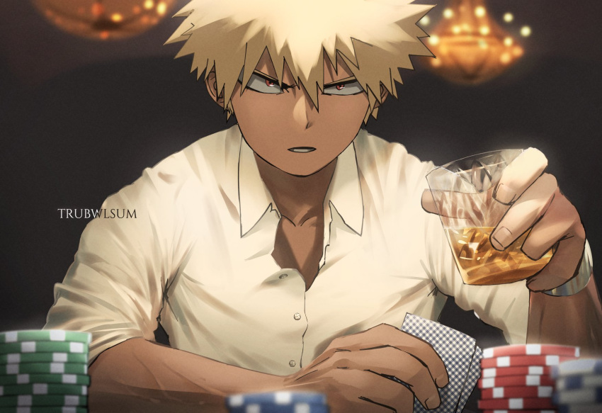 1boy bakugou_katsuki bangs black_background blonde_hair boku_no_hero_academia card collarbone collared_shirt commentary english_commentary glass hair_between_eyes highres holding indoors long_sleeves looking_at_viewer male_focus parted_lips playing_card poker_chip red_eyes shirt solo spiky_hair trubwlsum upper_body white_shirt wing_collar