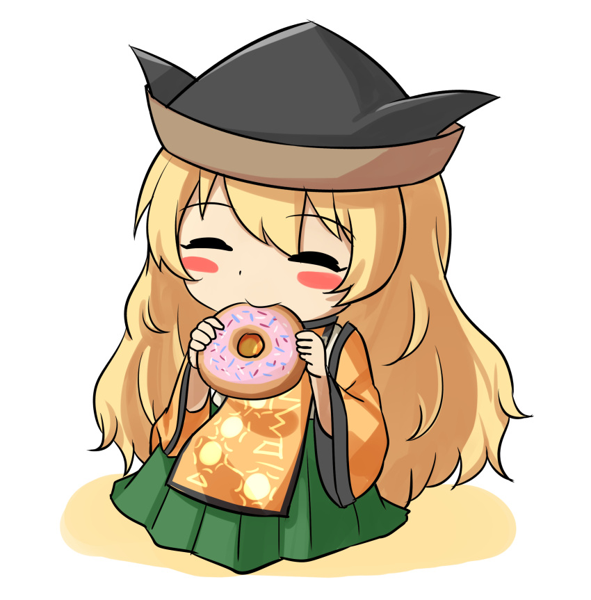 1girl absurdres arms_up bangs blonde_hair blush brown_headwear cape chibi closed_eyes closed_mouth doughnut eating eyebrows_visible_through_hair eyes_visible_through_hair food green_skirt grey_headwear hands_up hat highres long_hair long_sleeves matara_okina orange_cape orange_sleeves seiza shirt simple_background sitting skirt smile solo sun_symbol touhou white_background white_shirt yu_cha