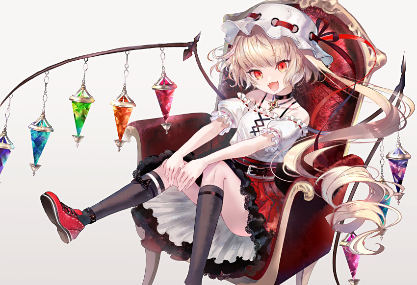 1girl :d blonde_hair chair choker cross-laced_clothes crystal fangs flandre_scarlet foot_out_of_frame grey_background hat highres looking_at_viewer mob_cap off_shoulder one_side_up open_mouth red_eyes rooseputo_02 simple_background sitting skin_fangs smile solo touhou wings