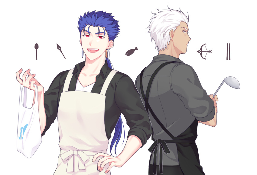 2boys apron archer_(fate) bag blue_hair brown_eyes casual crossed_arms cu_chulainn_(fate)_(all) cu_chulainn_(fate/stay_night) dark-skinned_male dark_skin dress_shirt fate/hollow_ataraxia fate/stay_night fate_(series) ladle long_hair male_focus mikkat multiple_boys ponytail red_eyes shirt white_hair