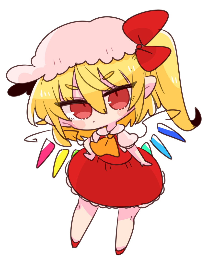 1girl ascot blonde_hair blouse crystal flandre_scarlet hand_on_hip hat highres mob_cap op_na_yarou red_eyes red_skirt red_vest shirt side_ponytail skirt skirt_set touhou vest white_blouse white_headwear white_shirt wings yellow_neckwear