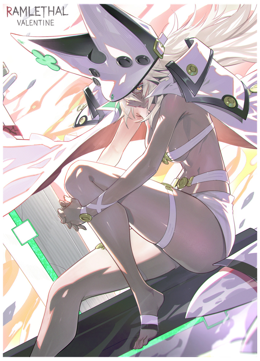 1girl absurdres barefoot blonde_hair cape clover dark-skinned_female dark_skin four-leaf_clover guilty_gear hat highres ramlethal_valentine shazhiqiao thighs white_headwear yellow_eyes