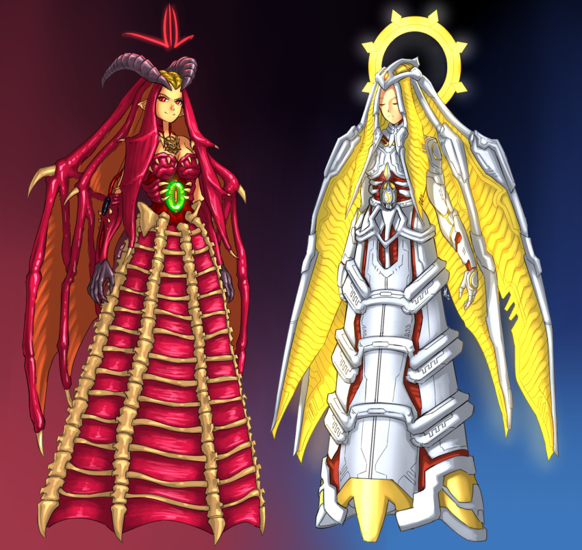 2girls angel arms_at_sides blue_background bone character_request claws closed_eyes cyborg demon_girl demon_horns demon_wings doom_(series) extra_eyes full_body gradient gradient_background green_eyes halo head_wings highres horns looking_at_viewer monster_girl multiple_girls pointy_ears red_background red_eyes slit_pupils smile substance20 third_eye wings