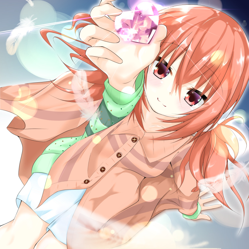 1girl :3 crystal debikuma eyebrows eyebrows_visible_through_hair feathers green_sweater hair_between_eyes hand_up highres inaba_meguru jacket long_hair looking_at_viewer looking_up orange_eyes orange_hair sanoba_witch shorts sitting smile solo sweater twintails white_shorts yuzu-soft