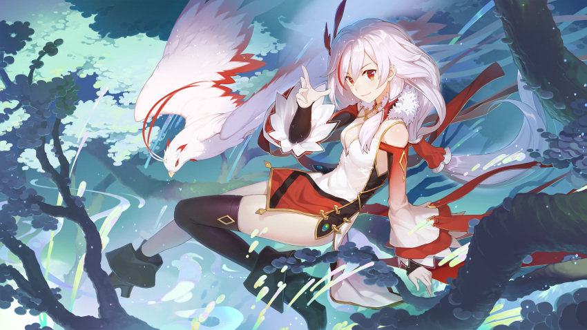 1girl asymmetrical_legwear bangs bare_shoulders benghuai_xueyuan bird breasts chinese_clothes closed_mouth fu_hua fu_hua_(phoenix) full_body hair_between_eyes hair_ornament highres honkai_(series) honkai_impact_3rd jungle long_hair looking_at_viewer multicolored_hair nature official_art phoenix ponytail red_eyes small_breasts smile solo streaked_hair thigh-highs thighs tree tree_branch white_hair